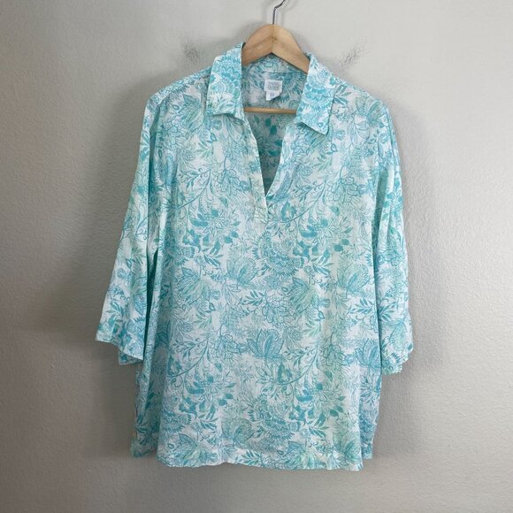 Sigrid Olsen Womens Plus 1X 100% Linen Side Button Top Floral Turquoise White - Picture 7 of 11